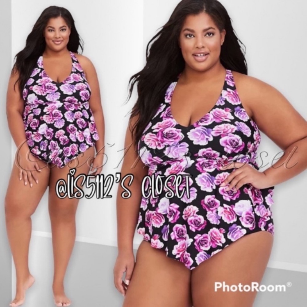 Torrid Pink & Purple Roses Black Tankini & Ruched Bottoms 2pc Swimsuit SET 1X - Picture 2 of 12